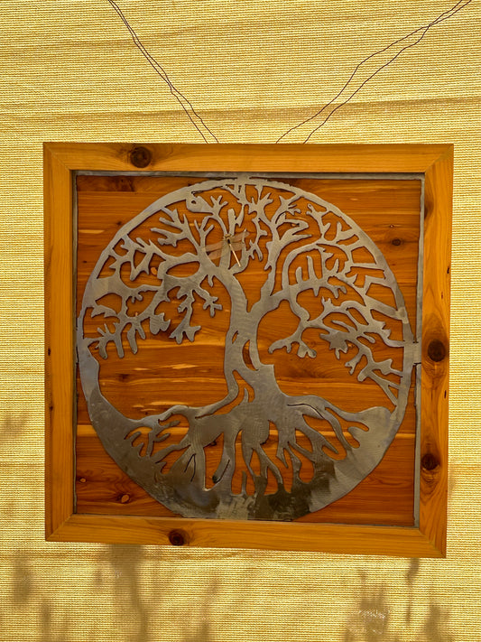 Framed and wood background tree of life