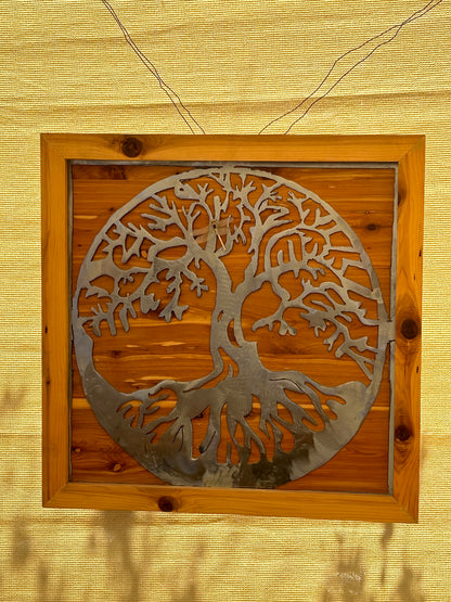 Framed and wood background tree of life