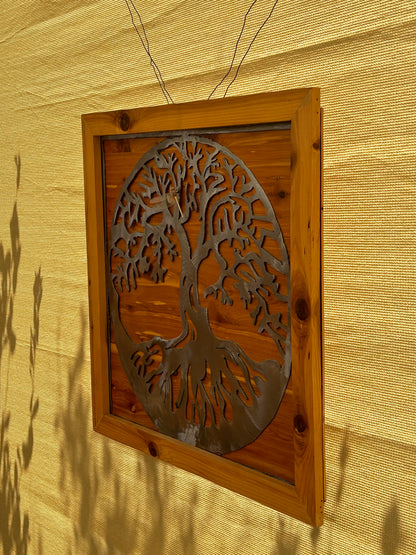 Framed and wood background tree of life