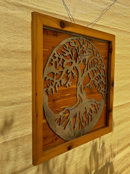 Framed and wood background tree of life